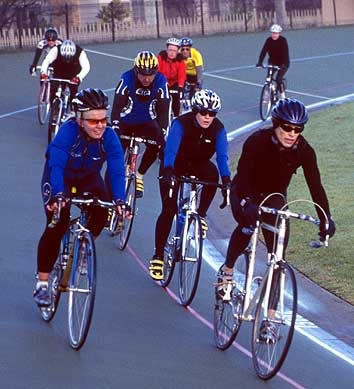 Kathy swapping turns at the front with Anne at a group training session 