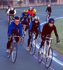 Kathy swapping turns at the front with Anne at a group training session  (35kb)